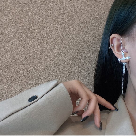 💙Rhinestones Cross Earrings Single Ear Climber - Picture 9 of 11